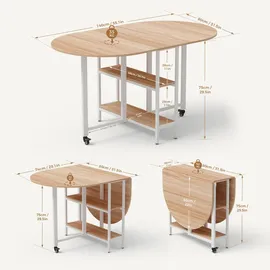 Mondeer Klappbarer Esstisch, Küchentisch mit 2 Ablagen, und Rollen 140 x 80 x 75 cm, Eiche+Weiß - Weiß