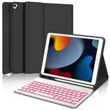 IVEOPPE Tastatur für iPad 9. Generation, Hülle mit Tastatur für iPad 10.2" (9./8./7. Generation), Magnetisch Abnehmbarer 7-Farbige Beleuchtung mit QWERTZ Keyboard für ipad Air 3 und Pro 10.5, Schwarz