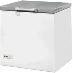 Tiefkühltruhe ICEMAN | 1x abschließbare Edelstahldeckel +LED | 202 Liter, HxBxT 84x76,5x74,3cm | -18/-24°C | Weiß/Edelstahl + CHEFGASTRO Geschirrtuch