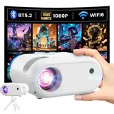 Mini Beamer mit Stativ 1080p WLAN- und Bluetooth-Unterstützung Tragbarer Beamer, Kompatibel mit Smartphone, HDMI, USB, TV-Stick, für Zuhause, Outdoor und Schlafzimmer Projektor, Weiß
