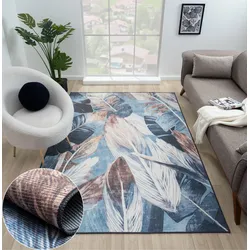 Teppich "Luc", blau (blau,creme,braun), B:160cm H:10mm L:230cm, Polyester, MYFLAIR MÖBEL & ACCESSOIRES, Teppiche, bedruckt, Federn, modernes Design, In- & Outdoor geeignet, waschbar