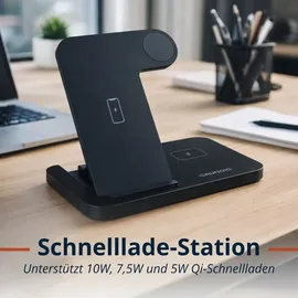 Grundig 3-in-1 Ladestation Apple Watch und iPhone – Qi Ladegerät mit Ladefunktion für Smartphone, Smartwatch, Kopfhörer – Wireless Charger – Faltbar