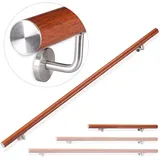 Relaxdays Handlauf Aluminium, rund, Treppengeländer innen, außen, Eiche-Optik, 100 cm, Ø 42mm, mit Wandhalterung, braun