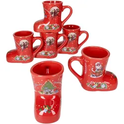 6x Glühweinstiefel rot Weihnachts-Motiv 200ml geeicht Keramik Glühwein-Becher
