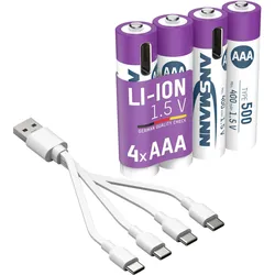 Akku AAA Typ-C Anschluss Li-Ion 400mAh 1,5V, 4 Stück EINHEITSGRÖSSE