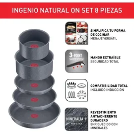 Tefal Ingenio Natural On Kochgeschirr, 8-teilig, stapelbar, Antihaftbeschichtung, Induktion