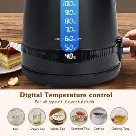 Aigostar - 1,7 Liter 2200W Digitaler Edelstahl Wasserkocher mit Temperatureinstellung 40-100°C, Schwarz - Schwarz