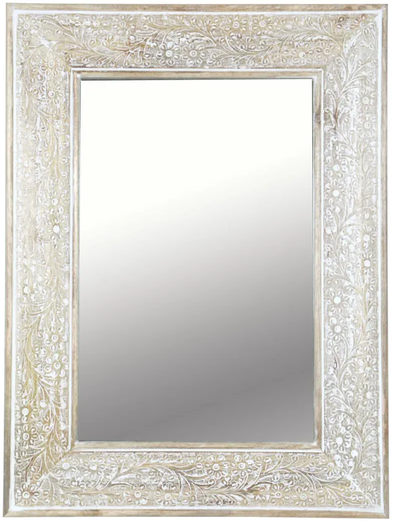 Wandspiegel Lola Holz Weiß - Handgeschnitzt Boho Vintage Deko 60x45cm