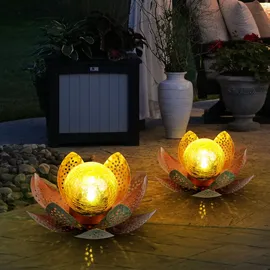GLOBO Garten Außenlampen Solarleuchte dekorative LED Solarleuchte im Lotusblüten Design, Glaskugel goldfarben, LED, 22cm, Terrasse, 2er Set