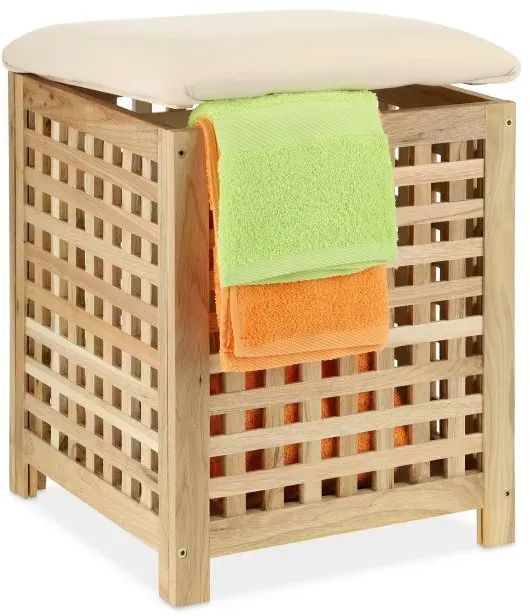 Relaxdays Wäschekorb mit Sitz Walnuss Creme,Hellbraun