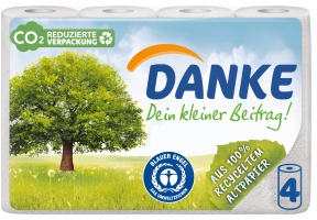 Danke Haushaltsrollen aus 100%-Recyclingpapier, Küchenpapier, 3-lagig, weiß, 1 Packung = 4 Küchenrollen à 45 Blatt