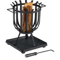 Relaxdays XL Feuerkorb mit Bodenplatte & Schürhaken, HBT: 46 x 41,5 x 36 cm, Feuerschale Stahl, Brennkorb rund, schwarz