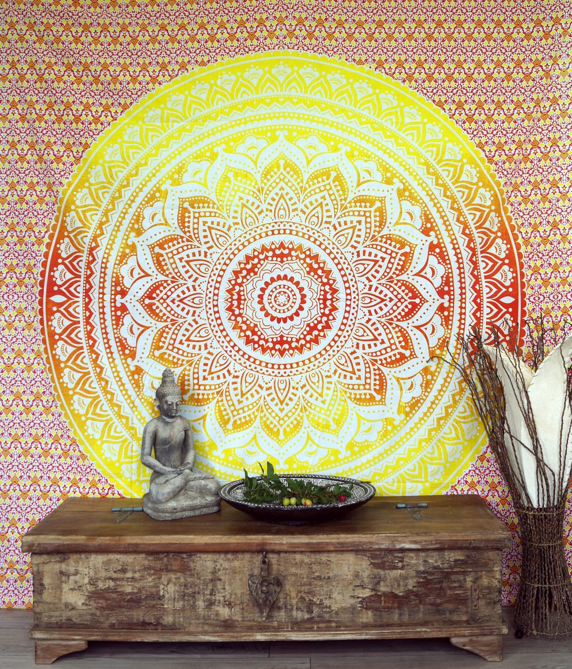 GURU SHOP Boho-Style Wandbehang, Indische Tagesdecke Mandala Druck - Orange/gelb, Baumwolle, 230x210x0,2 cm, Bettüberwurf, Sofa Überwurf