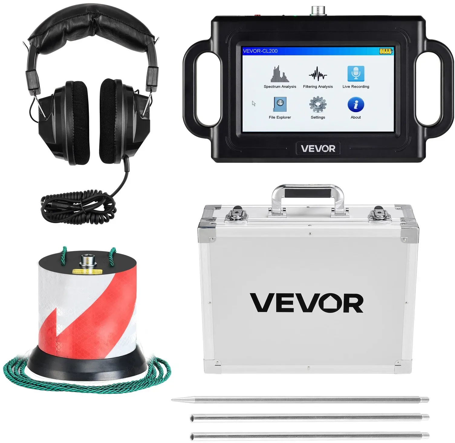 VEVOR Rohr-Wasserleckdetektor, 1 Hz–5000 Hz, 7-Zoll-Touchscreen, Lecksuchgerät für Rohrleitungen mit 2 m Tiefe – mit Sensor, 3 Abhörstäben, Kopfhörer, 8-GB-Karte und Tragetasche