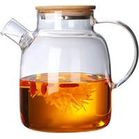 ROY Moderne Teekanne mit Siebeinsatz, 1800 ml Teekanne Glas mit Holzdeckel und Teesieb für losen Tee, hochwertiges hitzebeständiges Hochborosilikat Teekessel, Glaskaraffe