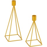 Relaxdays Kerzenständer, 2er Set, geometrisches Design, Verschiedene Größen, Stabkerzenhalter Metall, modern, Gold