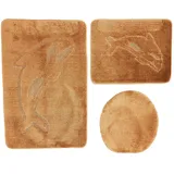 3- teiliges Badvorleger Set Ilkadim Export mit Delphin Muster, Bad Teppich 55cm X 85cm ohne Auschnit gerade für Hänge WC (Braun)