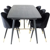 Ebuy24 Gold Essgruppe Esstisch Ausziehbarer Tisch Länge cm 180 / 220 schwarz und 6 Velvet Esszimmerstühle Velour schwarz, Messing dekor.