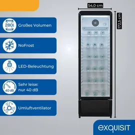 Exquisit GKS5260-GT-431D Getränkekühlschrank 280 l mit LED, Umluft, 5 verstellbare Ablagen, Schwarz