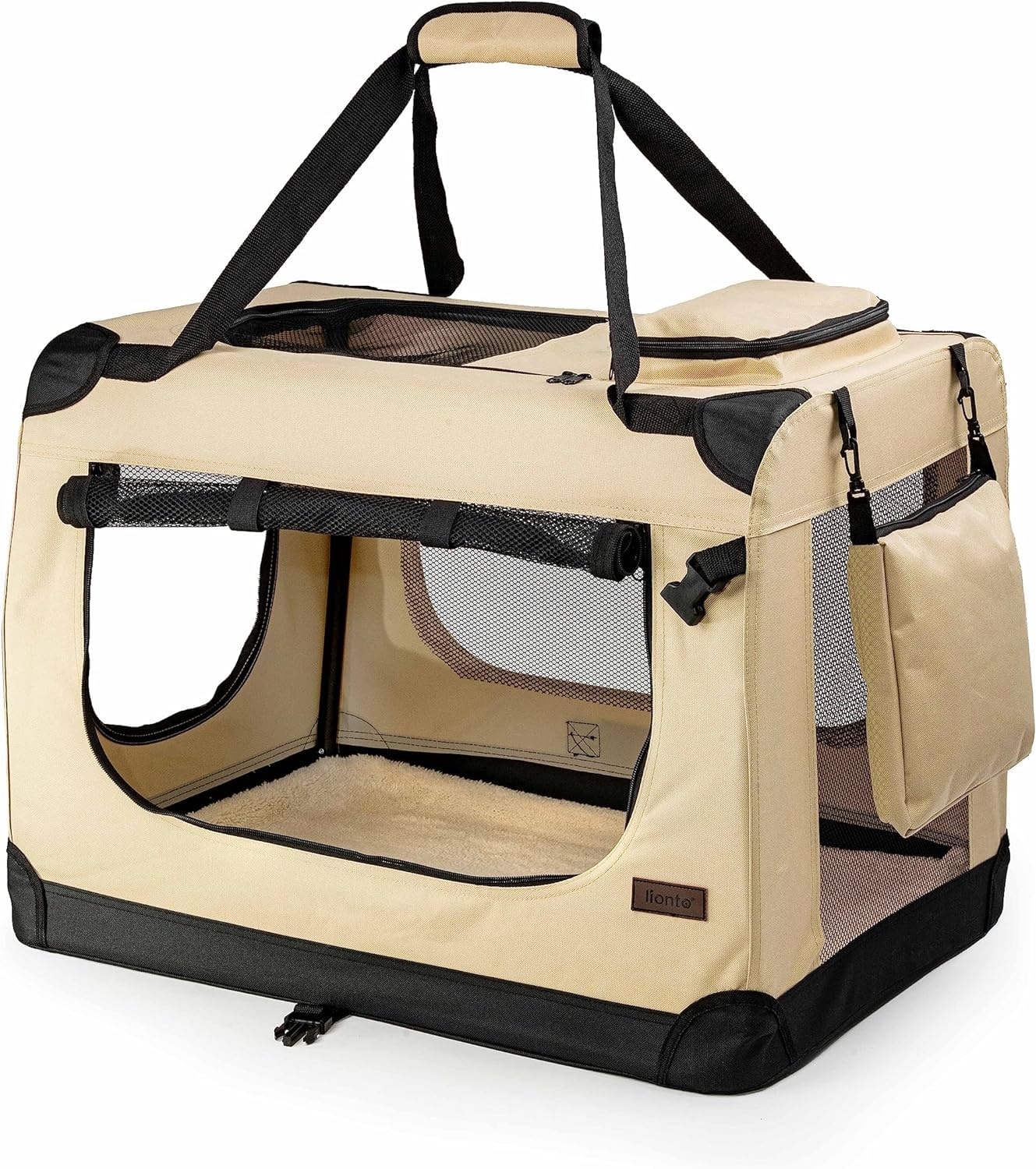 lionto Hundetransportbox faltbar für Reise & Auto, 50x34x36 cm, stabile Transportbox mit Tragegriffen & Decke für Katzen & Hunde bis 10 kg, robuste Hundebox aus Stoff für klein & groß, beige