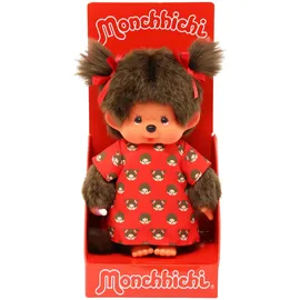 Magni Monchhichi Mädchen, mit Monchichikleid und Schleifen, ca. 20 cm großes Kuscheltier aus braunem Plüsch