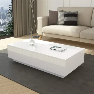 Couchtisch Weiß Hochglanz Mit Stauraum - Moderner Rechtecktisch mit 4 Schubladen für Wohnzimmer & Homeoffice, Hochglanzlackierung & Stauraum-Organizer 95x60x31 cm