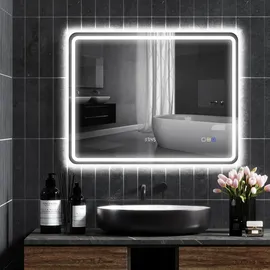 Homcom Badspiegel mit Beleuchtung 70x90 cm LED Spiegel Wandspiegel mit Bluetooth-Musikfunktion Uhr Touchschalter Memory-Funktion - Silber