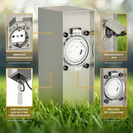 ledscom.de Garten-Steckdosensäule POMI mit Erdspieß für außen, IP44, Timer/Zeitschaltuhr, 2-Fach, Edelstahl, eckig, 23cm