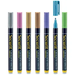 Securit® Set von 7 Flüssigkreidestiften in metallischen Farben grün, blau, violett, rosa, bronze, gold und metall mit 1-2mm Keilspitze