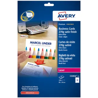 Avery Zweckform Visitenkarten C32026-25 satiniert weiß 270 g/qm, 250 St.