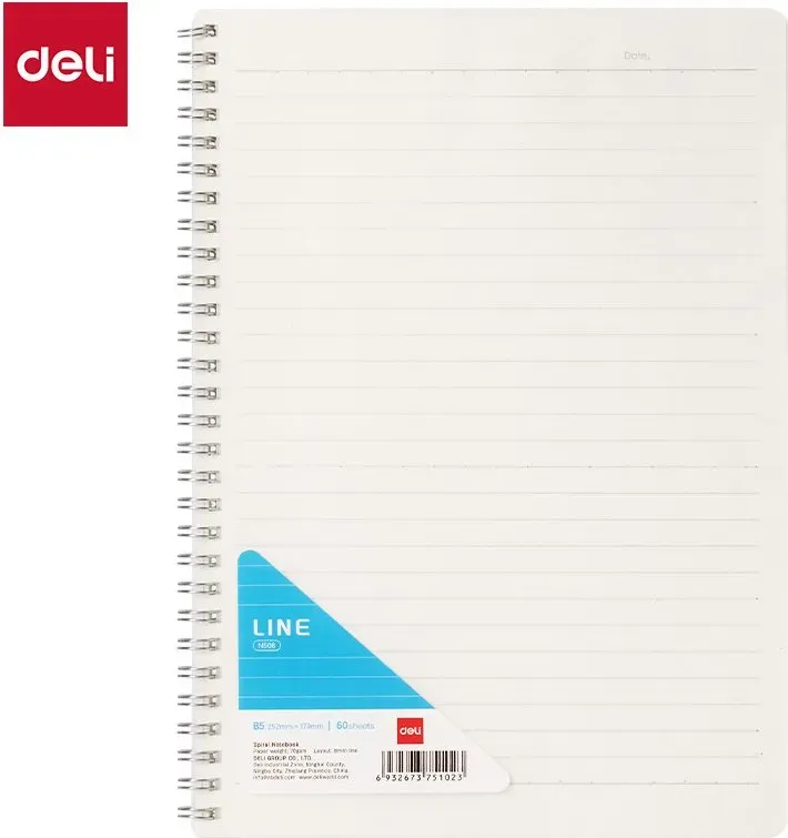 Deli B5 Spiralblock mit PP-Umschlag: 60 Seiten 70g/m2 Papier, 8-Linien-Format - Perfekt für Schule & Arbeit, 4er-Pack