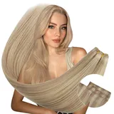 Ugeat Echthaar Extensions Tressen Highlight Blond Echthaar Extensions zum Einnähen 45cm Tressen Extensions Echthaar Goldblond mit Hellblond 100g