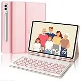 IVEOPPE Tastatur für Samsung Galaxy Tab S9FE Plus, Hülle mit Tastatur für Samsung Tab S9+ 12.4", Magnetisch 7-Farbige Beleuchtung Tastatur QWERTZ Layout Galaxy S9+/S9FE+ Tablet 2023, Rosa