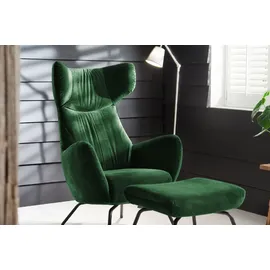 KAWOLA Ohrensessel LOTTE Velvet 79 x 117 x 80 cm Smaragd mit Hocker