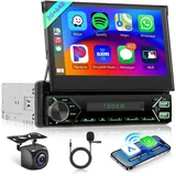 2G+64G Wireless Carplay Android 13 Autoradio 1 Din mit Wireless Android Auto Navi GPS WiFi 7 Zoll Ausfahrbares Bildschirm Autoradio mit Mirror Link Bluetooth FM/RDS/EQ/DAB/SWC/DVR/MIC Rückfahrkamera