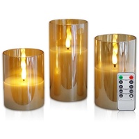 CCLIFE LED-Kerze LED Kerzen mit Glas Fernbedienung Timer Funktion, Echtwachs, mit Fernbedienung goldfarben