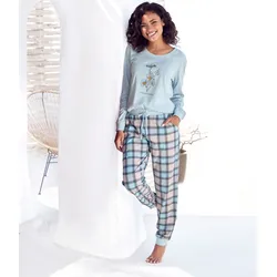 Pyjama VIVANCE DREAMS, Damen, Gr. 36/38, blau (hellblau), Obermaterial: 100% Baumwolle, Basic, Rundhals, Langarm Rippbündchen, Homewear-Sets, mit Frontdruck