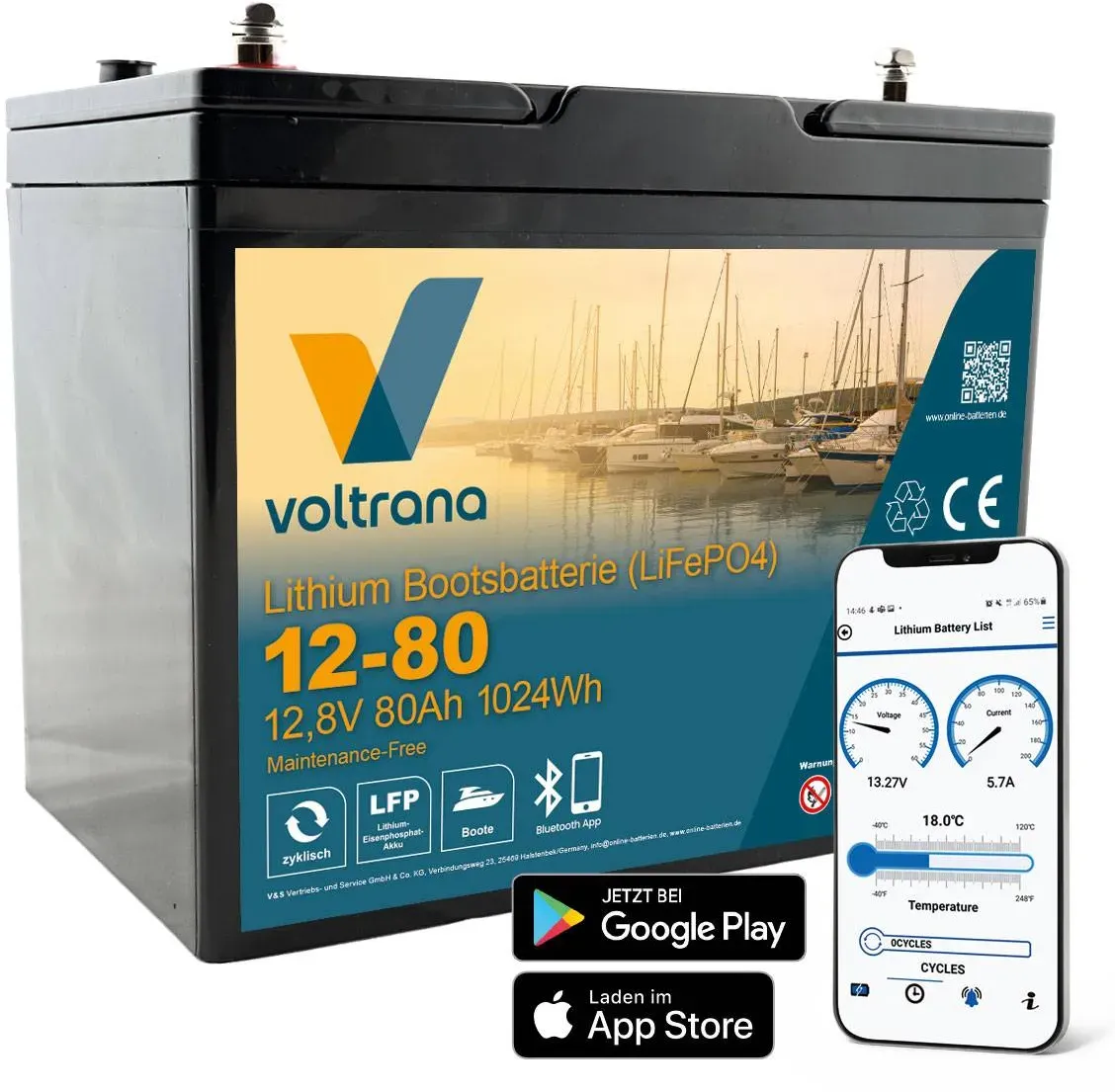 Lithium Bootsbatterie 12,8V 80Ah 1024Wh M8 mit Bluetooth – Voltrana LiFePO4 Vers...