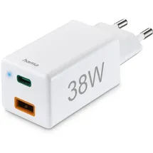 Hama Schnellladegerät USB-C 38W USB-C PD, USB-A QC, weiß 201640 - Weiß