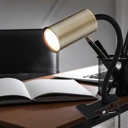Schreibtischlampe klemmbar Schwanenhals Leselampe Bett Klemme Klemmleuchte Schreibtisch, Kunststoff Metall altmessing, 1x GU10, LxBxH 29x10x41,5 cm