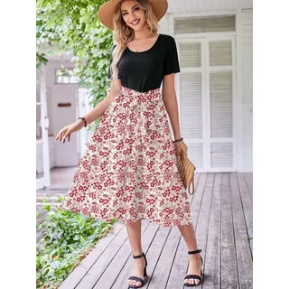 DEBAIJIA Dirndl Damen Röcke Sommer Floral Gedruckt Elegant Lässiger rosa