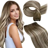 LaaVoo Tressen Extensions Echthaar Braun Haarverlängerungen Echthaar Tressen zum Einnähen Balayage Braun Gemischt mit Platinblond Echthaar Tressen 35cm 80G