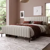 Flieks Polsterbett 180x200cm Doppelbett mit Lattenrost, Massivholzbett Jugendbett mit Verstellbarem Kopfteil, Gästebett Leinenstoff, Grau-Beige - Beige/Grau