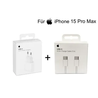 Apple iPhone 15 Pro Max 20W Ladegerät MHJJ83ZM/A + 1m USB‐C auf USB-C MQKJ3ZM/A Ladekabel