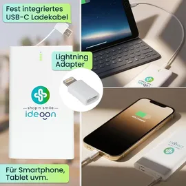ideoon Kompakte Powerbank USB-C (4.000mAh) – Ultra-Slim Powerbank mit fest integriertem Kabel & Adapter – Mobiler Akku-Boost