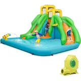 COSTWAY Hüpfburg mit Gebläse, Wasserpark mit Zwei Rutschen, Kletterwand, Basketballkorb, Planschbecken und Wasserkanone, inkl. Tragetasche, Repar...