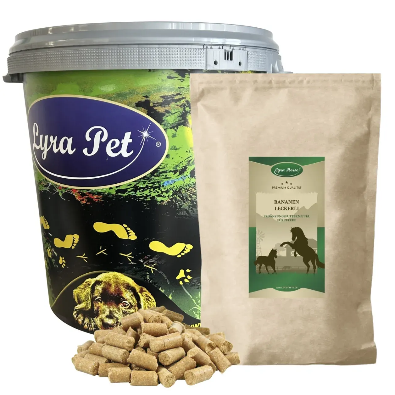 5 kg Lyra Horse® Bananen Leckerli in 30 L Tonne