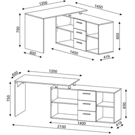 Vicco Eckschreibtisch Dante Winkelschreibtisch PC-tisch