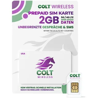 Colt Wireless Prepaid-SIM-Karte für die USA, 30-Tage-Prepaid-Handytarif mit 2 GB 4G LTE/5G-SIM-Karte mit unbegrenztem Datenvolumen, Telefonie und SMS in über 90 Ländern, mobiler Hotspot