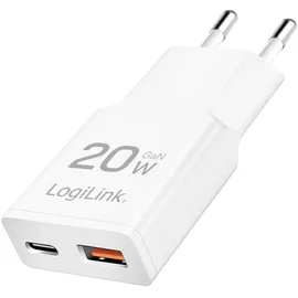 Logilink PA0346 - Dual USB GaN (Gallium-Nitrid) Ladegerät, 1x USB-C (PD), 1x USB-A (QC), 20 W